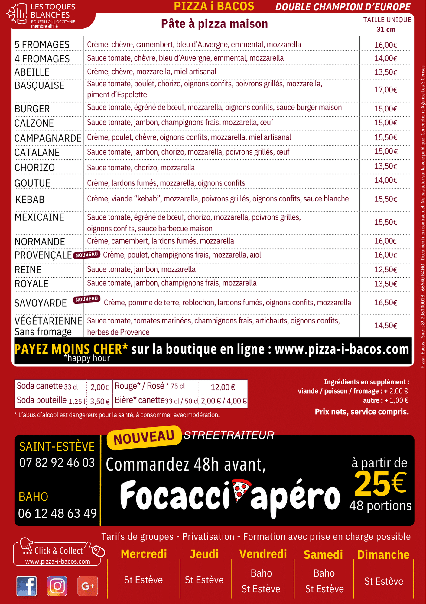 Carte pizza i bacos 2025 Carte des pizzas artisanales de pizza i bacos et focacciapéro à saint Estève et a Baho