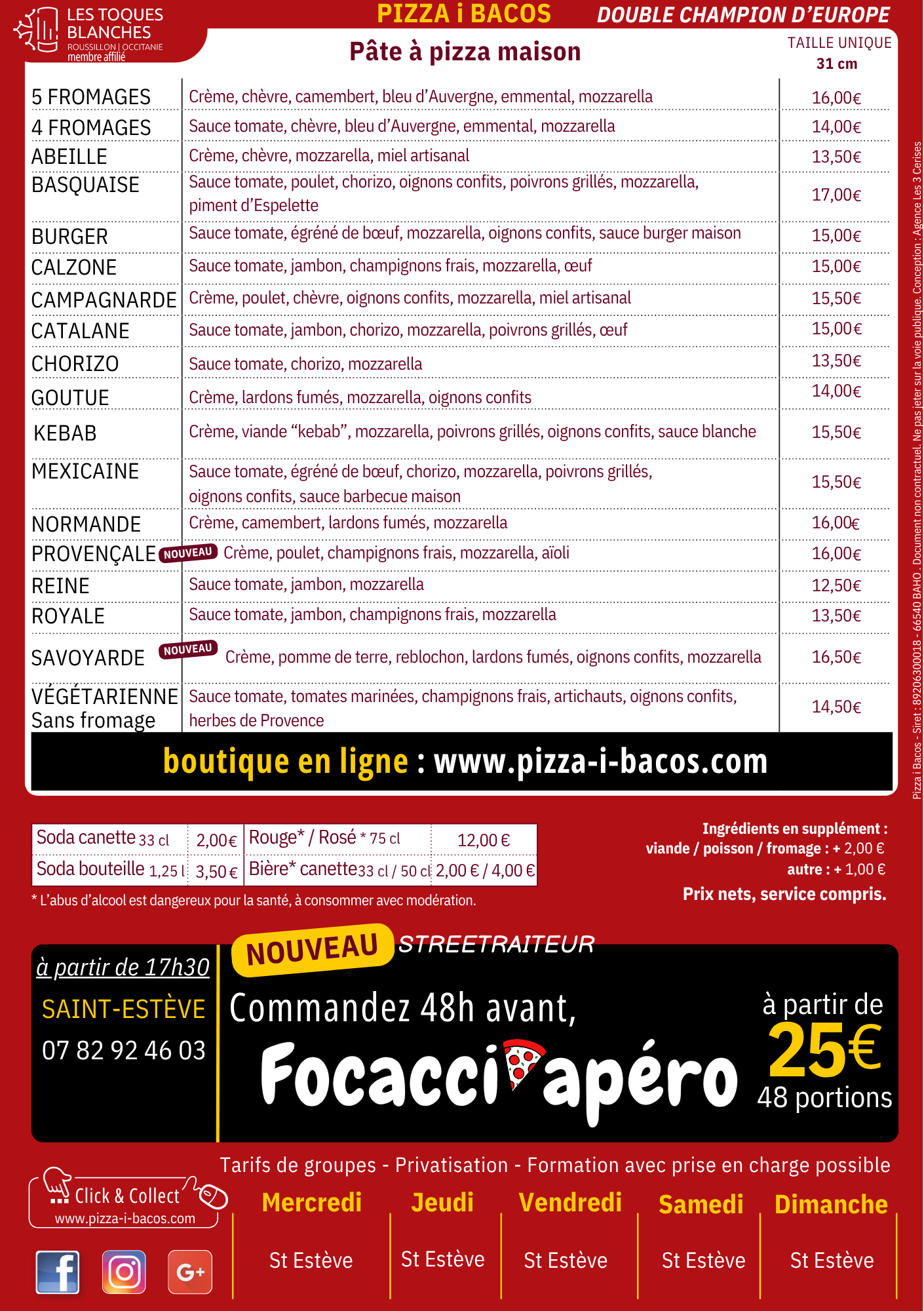TARIF 2026 (1) TARIF PIZZA I BACOS 2026 AVEC NOUVEAUTE DE FOCCACIAPERO