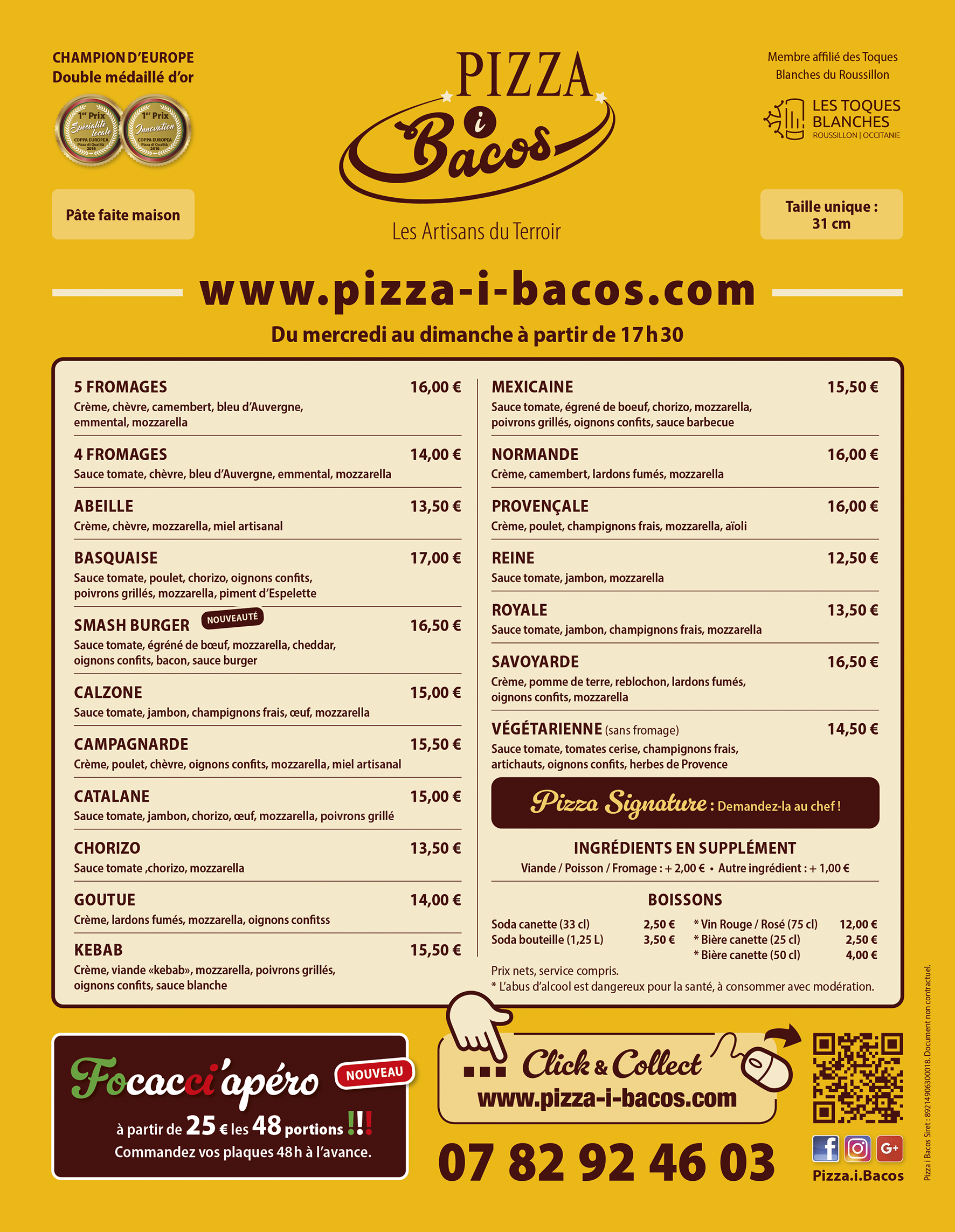 TARIF PIZZA I BACOS 2026 TARIF PIZZA I BACOS 2026 AVEC NOUVEAUTE DE FOCCACIAPERO